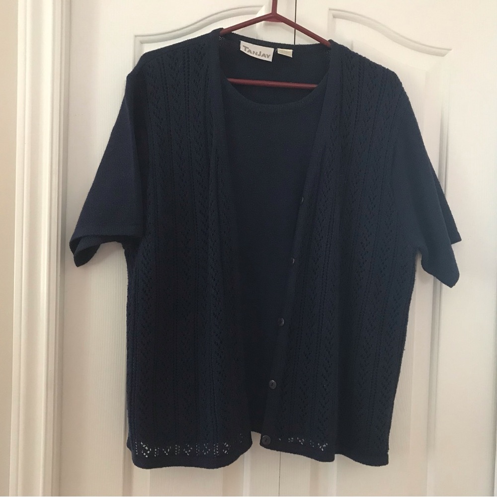 Vintage TAN JAY Women Layer Look Buttoned Short Sleeve Navy Knit Sweater size L